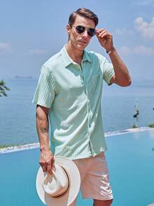 Men's Summer Casual Wave Shape Textured Short Sleeve Shirt - Mint Green - View 2