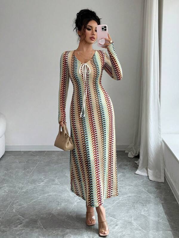 2025 Autumn And Winter Water Wave Pattern Elegant Bohemian Knitted Fabric Cut-Out Front Bowknot Midi Dress - Suitable For Evening Dates, Beach Weddings, Birthday Parties; Elegant, Casual, Four-Season Wear