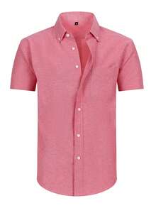 Men's Short Sleeve Casual Shirt In Solid Color Oxford Spun, Suitable For Summer,Wrinkle Resistant Office Work Shirt For Men - Đỏ - Xem 4