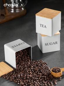 choxila 3个装咖啡储物罐，茶叶零食收纳盒，咖啡豆罐，竹盖金属框，方形展示罐 - 彩色 - 查看 3