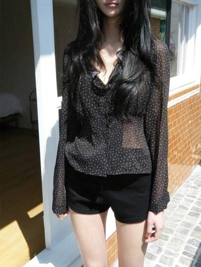 Vintage Floral Sheer Chiffon Ruffle Trim Slim Fit Long Sleeve Blouse