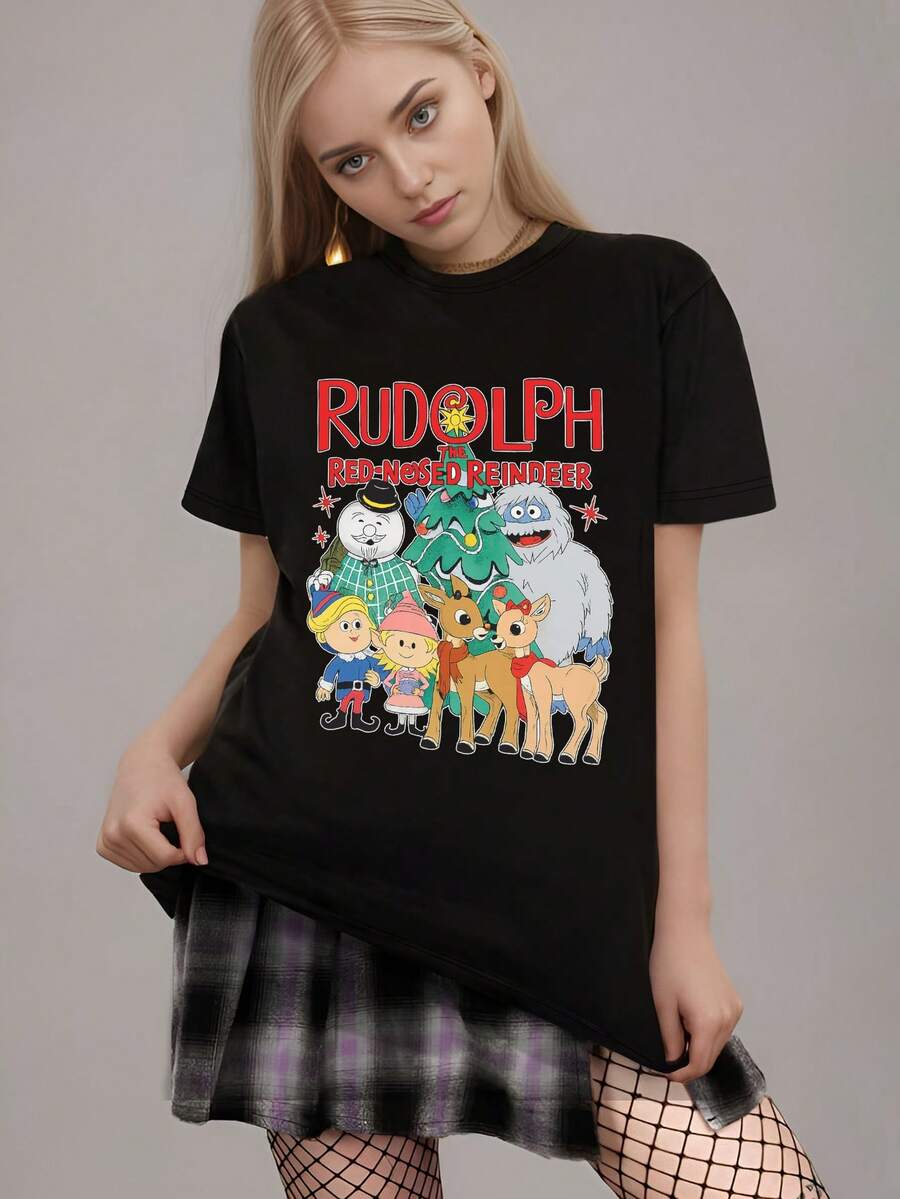 Maglietta in puro cotone da donna con design festivo di Rudolph, morbida e confortevole per la stagione autunnale/invernale, collo rotondo vestibilità regular - perfetta come regalo per le vacanze!