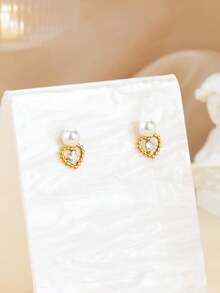 1 pereche elegantă Faux Pearl Zirconia Heart Cercei pentru femei culoare aurie oțel inoxidabil Drop Piercing Ureche Accesorii bijuterii de modă cadou