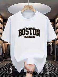 Men's Casual Short Sleeve T-Shirt With Bold Boston Black & Golden Graphic Print - Breathable Knit Fabric, Slight Stretch, Regular Fit Summer Top For Casual Attire, Streetwear Style, Urban Fashion, Stretchy Material, Print Shirt, Young Adults, Modern Street Style, Lightweight Fabric, Young Men - 黑色 - 查看 1