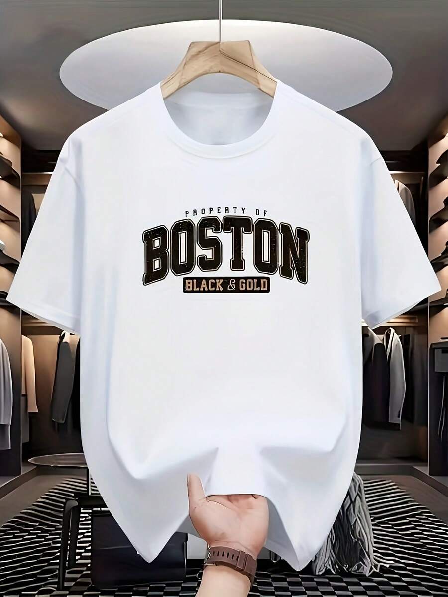 Men's Casual Short Sleeve T-Shirt With Bold Boston Black & Golden Graphic Print - Breathable Knit Fabric, Slight Stretch, Regular Fit Summer Top For Casual Attire, Streetwear Style, Urban Fashion, Stretchy Material, Print Shirt, Young Adults, Modern Street Style, Lightweight Fabric, Young Men - 黑色 - 查看 1