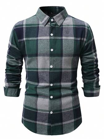 Herrrutig långärmad skjorta för vardags-/affärsbruk, vår/höst