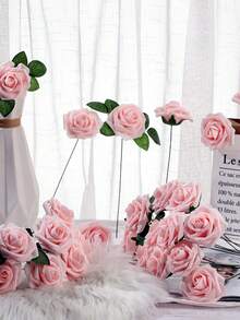 MEHELANY 50/30支逼真仿真丝玫瑰花头带茎，适用于DIY红色婚礼花束、新娘送礼会中心装饰、插花、派对餐桌装饰、家居装饰、人造花卉装饰 - 淺粉色 - 查看 6