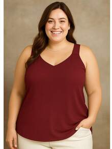 Women's Plus Size Blouse Wide Strap Tank Top Basic Crepe V1 Collar Tank Top Various Colors - Gỗ đỏ - Xem 1