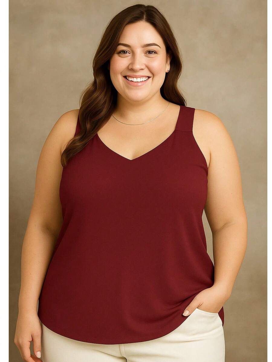 Women's Plus Size Blouse Wide Strap Tank Top Basic Crepe V1 Collar Tank Top Various Colors - Gỗ đỏ - Xem 1
