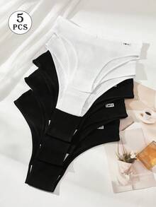5pcs Pack Women's Ribbed Panties, High Elasticity Solid Color Letter Design Low Waist Underwear - Black and White - View 10