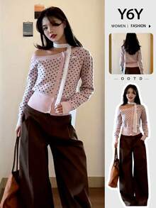 Y6Y Women's Pink Polka Dot Oblique Shoulder Knit Cardigan, 2025 New Early Autumn Vibe, Fitted Slim Flattering Asymmetrical Shoulder Long Sleeve Top - Pink - View 3