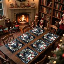 1 buc/4 buc/6 buc/100 buc Covorașe Placemat cu model de scenă bisericească cu fructe de pădure de ilex și poinsettia, Covorașe Placemat dreptunghiulare din poliester, lavabile la mașină, Protecții de masă, Covorașe Placemat termoizolante, Decorațiuni de masă pentru restaurant, Articole pentru petreceri, Decorațiuni de Crăciun, Pot fi oferite cadou