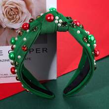 Christmas Pearl Knotted Headband For Women,  Pearl Rhinestone Crystal Jeweled Hairband Fashion Elegant Ladies Wide Knot Head Band Headpieces Hair Accessories - 聖誕節綠色結髮帶 - 查看 5