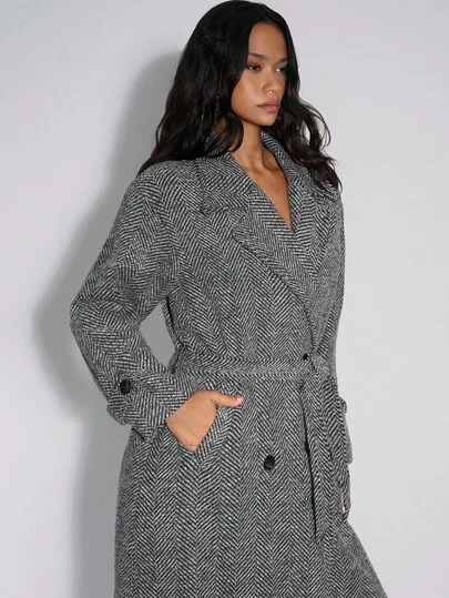TypaGal Gray Herringbone Double-Breasted Longline Coat, Fall Autumn Winter Casual Sporty Chic Modern Going Out Elegant Ladies Double Button, Pocket Drop Shoulder Lapel Loose Black And White Viscose Plain Women Overcoats, Casual Daily Wear Thickened Warm