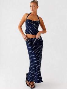 Women's Polka Dot Skirts Set Sleeveless Halter Neck Slim Fit Crop Top Bodycon Maxi Skirt Sets Summer Outfits - 藍色 - 查看 1