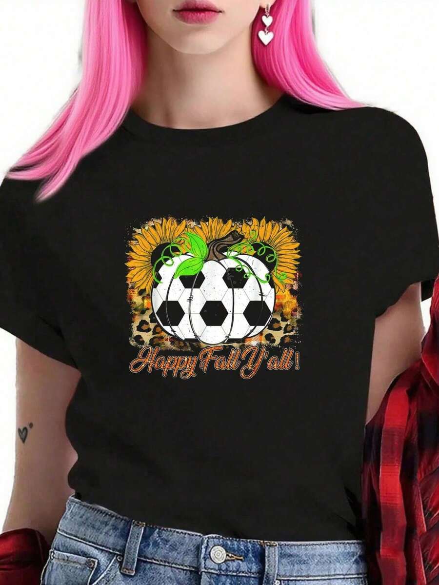 100% Algodón Unisex Mujeres Feliz Otoño Todos Calabaza Fútbol Girasoles Camiseta de Acción de Gracias Camisetas Gráficas Mujeres Arte Negro Cuello Redondo Camiseta Unisex Mujeres y Hombres - Negro - Ver 1