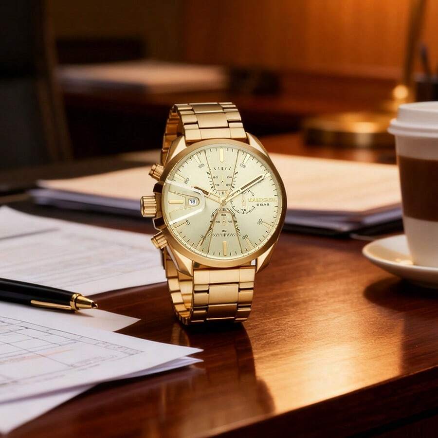 Diesel Cronograf auriu bărbătesc, 47*54mm, 1 buc. – Brățară îndrăzneață din oțel MS9, ideală pentru evenimente formale, ținute elegante și lux de zi cu zi – DZ4475