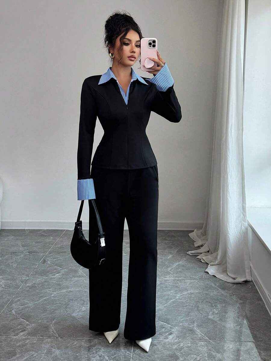 Women's Casual Two Pieces Outfit With Contrast Shirt Collar And Striped Cuffs Medium Stretch Pants Set