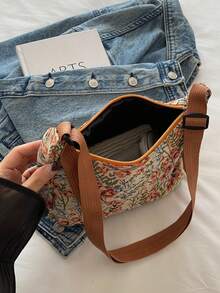 Linen Dumpling Shaped Floral Casual Handbag - Brown - View 8