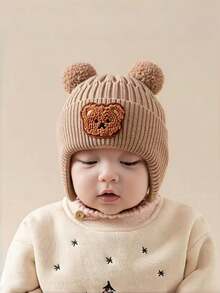 1 件新生儿针织帽，可爱婴儿无檐帽 - 卡其 - 查看 3
