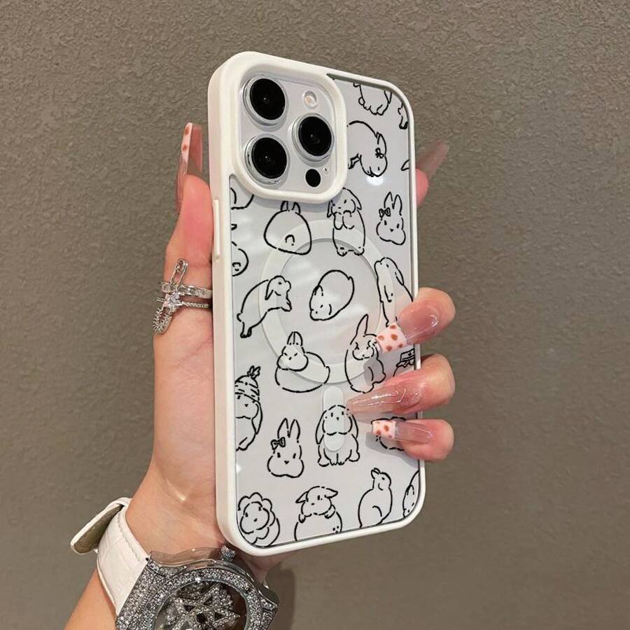 Premium Magnetic Case For IPhone11/12/13/14/15/16/17 Promax Air Plus Cute Bunny Sketch Pattern Y2k Cased MagSafe Ready, Anti-Fall, Springtok And Ultra-Thin Design |   Perfect For Everyday Use - trắng - Xem 1