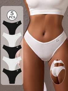 5pcs Pack Women's Ribbed Panties, High Elasticity Solid Color Letter Design Low Waist Underwear - Black and White - View 5