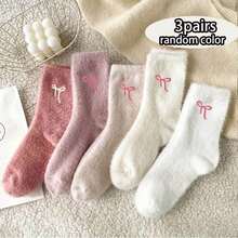 5 Pairs Of Women's Plush Bow Mid-Calf Socks Winter Fleece-Lined Thick Warm Sleep Socks Pink Set