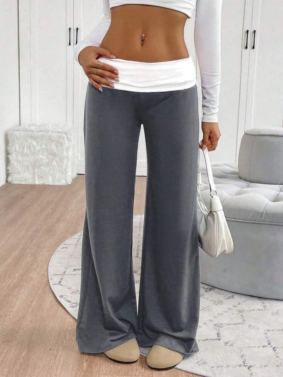 Fold Over Yoga Pants For Women Wide Leg Workout Sweatpants Y2k Striped Lounge Pants - 灰 - 查看 1