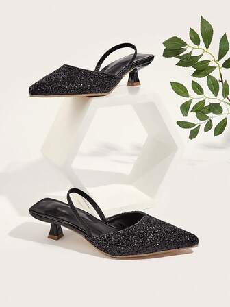 Women's Sequin Stilettos, Solid Color Pointed Toe Slip-On Sandals, Elegant Evening Shoes, Suitable For Music Festivals