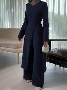 Women's Elegant Solid Color Top And Pants Two Pieces Set, Commuting, Casual, Slit, Elegant Street Style Spring - Blue - View 2