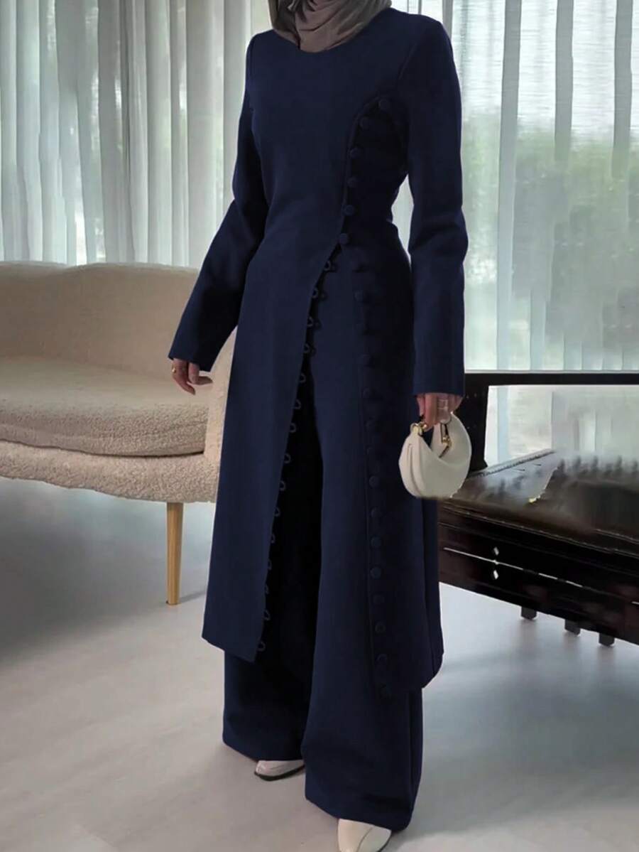 Women's Elegant Solid Color Top And Pants Two Pieces Set, Commuting, Casual, Slit, Elegant Street Style Spring