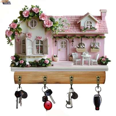 Wall Mount Cottage Key Holder With 4 Hooks Creative 2D Decorative Key Hanger For Hallway, Entryway, Bedroom, Mudroom, Office, Natural
