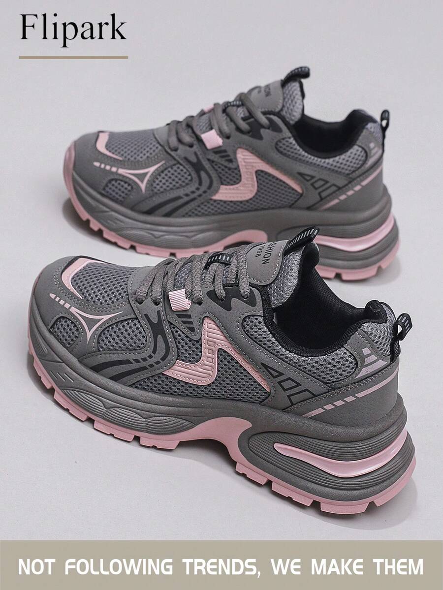 Flipark 1 Pair Women's Sporty Breathable Chunky Sneakers, Lace-Up Pink & Gray Contrast Mesh Lightweight Low-Top Casual Athletic Shoes