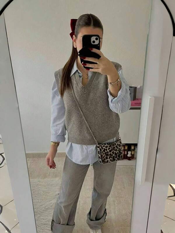 كنزة صوفية صوفية بياقة على شكل حرف V للنساء، كاجوال متعددة الاستخدامات، بدون أكمام، لون رمادي ثابت