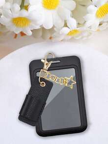 Elegante portacartas negro con clip de cuero y cadena de metal - Detalles con encanto de estrella, protege tus tarjetas escolares y de oficina con estilo, protector de credencial durable con cierre , accesorio portátil para uso diario, oficina, transporte y regalos, tarjetas de comida, control de acceso al transporte público y metro, perfecto para volver al trabajo y la temporada de regalos navideños