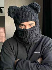 Ny stickad mössa med björnöron för kvinnor, stickad mössa med förtjockad ansiktsmask för vuxna, höst/vinter - A - Visa 17