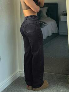 American Street  Pocket Button Loose Women Jeans, Loose Straight-Leg Silhouette That Slims The Figure, Leading The Street Fashion New Fashion, Suitable For Daily Casual Wear - 黑色 - 查看 3