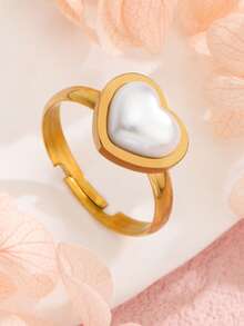 4 件套奢华不褪色心形水滴仿珍珠项链戒指耳环套装女士不锈钢婚礼首饰 - 金色 - 查看 7