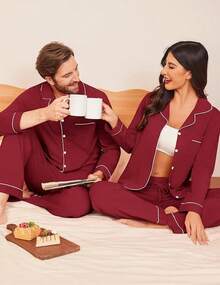 Couple Matching Pajamas 100% Cotton Long Sleeve Sleepwear Button Down Loungewear Pjs Set S-XXLhalloween - 葡萄酒 - 查看 9