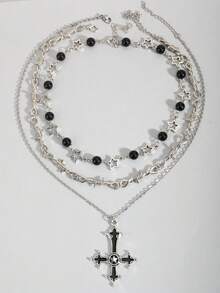 3pcs/Set Gothic Stylish Crystal Bead, Thorn Cross, Star Pendant Necklace Set For Women - Silver - View 4