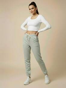 Women's Plush Jogger Sweatpants With Drawstring And Pocket | Winter Pants, Cold Weather Clothing, Comfortable, Warm, Casual, Thermal - 淡綠色 - 查看 6