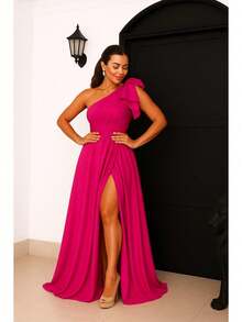 Vestido Longo Feminino Elegante Crepe Acetinado Uma Manga e Fenda festa mid - Fúcsia - Visão 1