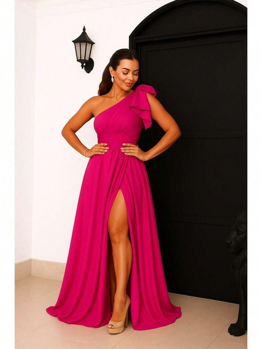 Vestido Longo Feminino Elegante Crepe Acetinado Uma Manga e Fenda festa mid - Fúcsia - Visão 1