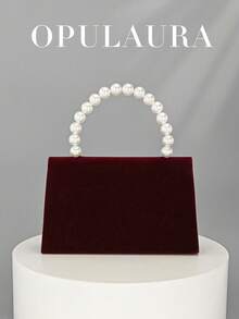 OpulAura 女士浪漫仿珍珠手提包，奢华天鹅绒晚宴包，手拿包，适合派对/婚礼/约会/圣诞节、生日活动、正式场合，带链条 - 酒紅色 - 查看 6