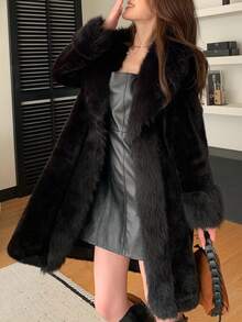 女士优雅仿毛领冬季夹克 - 黑色 - 查看 7
