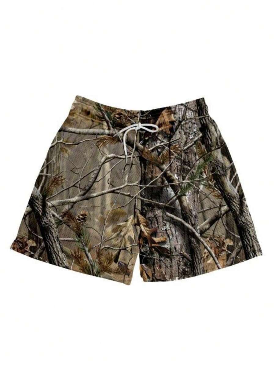 Men's Camou Print Casual Shorts - Realistic Tree Branch Camo Design Drawstring Shorts, Outdoor Hunting Style Summer Shorts For Men - 棕色 - 查看 1