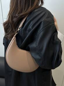 1pc PU Solid Color Zipper Crescent Underarm Bag, Fashionable Retro Shoulder Bag, Suitable For Office Ladies, Versatile Use - Khaki - View 5