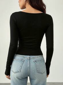 1pc Autumn Fitted Black Crew Neck Elastic Knit Pullover - Women's Basic Undershirt, Suitable For Casual Outfits, Leisure Fashion, Everyday Wear, Autumn Women's Clothing - Black - View 5