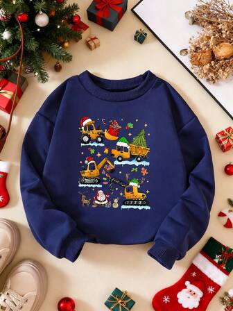 1 Piece Young Boy Christmas Casual Loose Christmas Yellow Car Design Printed Round Neck Long Sleeve Hoodie, Suitable For Autumn And Winter Season Fashion Clothing, Suitable For Christmas Party Dress