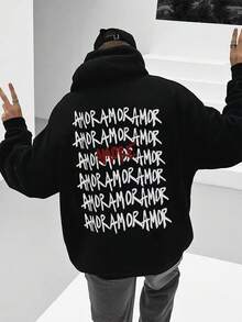 Krometka 男士标语印花抓绒连帽衫，秋冬季街头风 - 黑色 - 查看 1